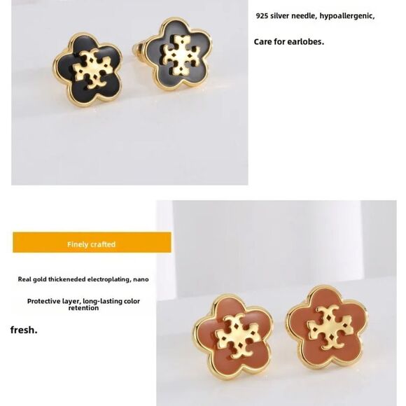 Designer Inspired Tory Black Gold Stud Earrings - Picture 4 of 8